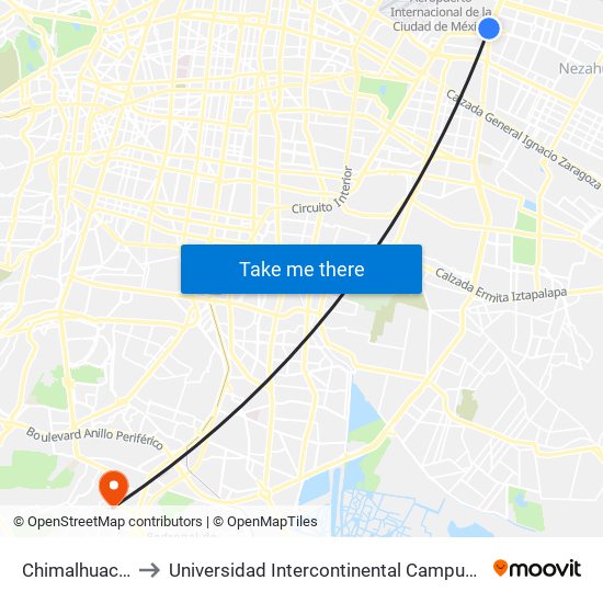 Chimalhuacan to Universidad Intercontinental Campus Sur map