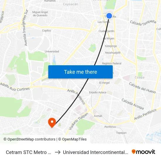 Cetram STC Metro Tasqueña to Universidad Intercontinental Campus Sur map