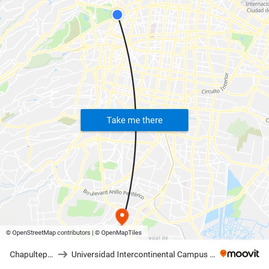 Chapultepec to Universidad Intercontinental Campus Sur map