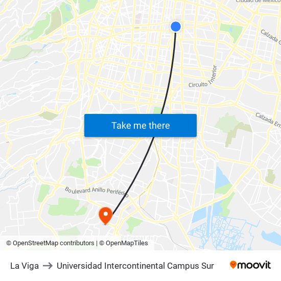 La Viga to Universidad Intercontinental Campus Sur map