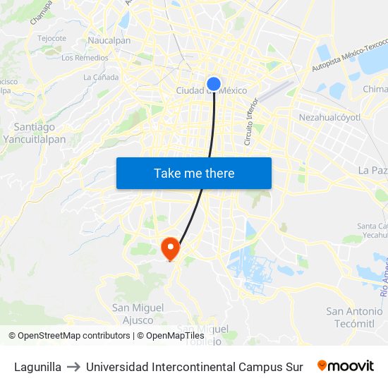 Lagunilla to Universidad Intercontinental Campus Sur map