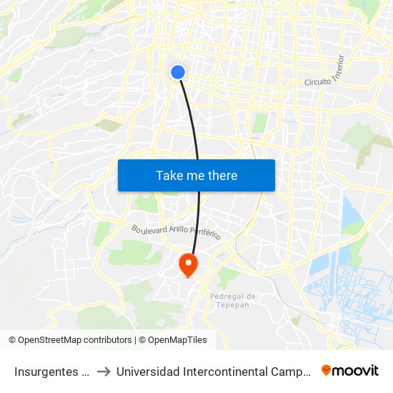 Insurgentes Sur to Universidad Intercontinental Campus Sur map