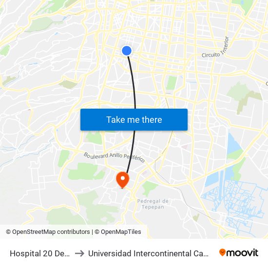 Hospital 20 De Nov. to Universidad Intercontinental Campus Sur map
