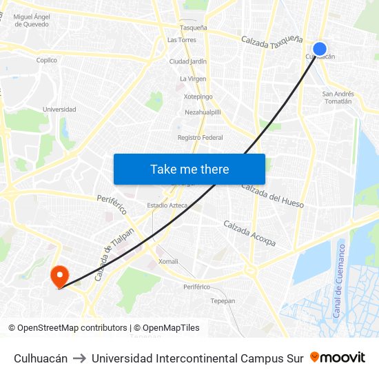 Culhuacán to Universidad Intercontinental Campus Sur map