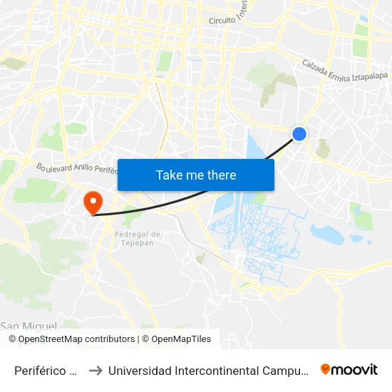 Periférico Ote to Universidad Intercontinental Campus Sur map