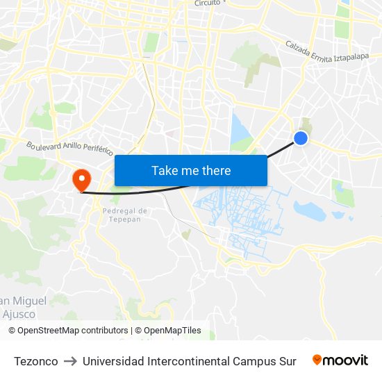 Tezonco to Universidad Intercontinental Campus Sur map