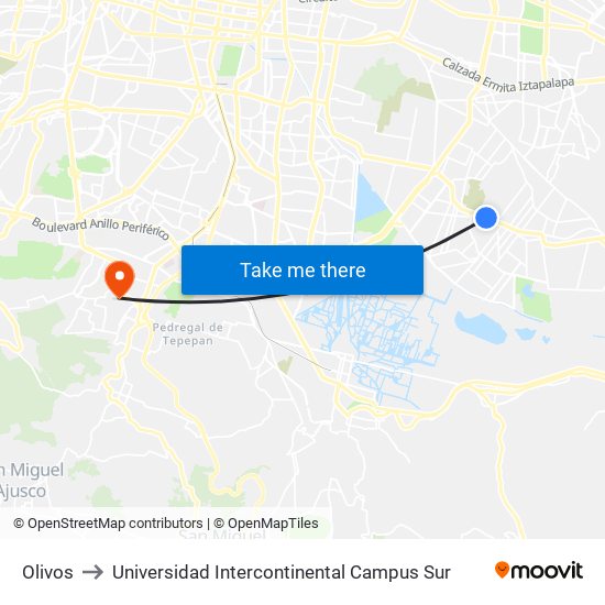 Olivos to Universidad Intercontinental Campus Sur map