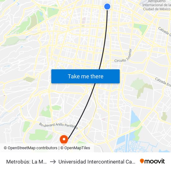 Metrobús: La Merced to Universidad Intercontinental Campus Sur map