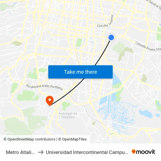 Metro Atlalilco to Universidad Intercontinental Campus Sur map