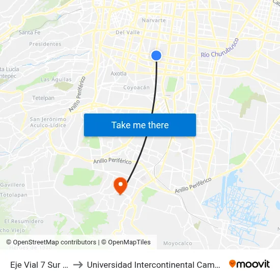 Eje Vial 7 Sur 143 to Universidad Intercontinental Campus Sur map