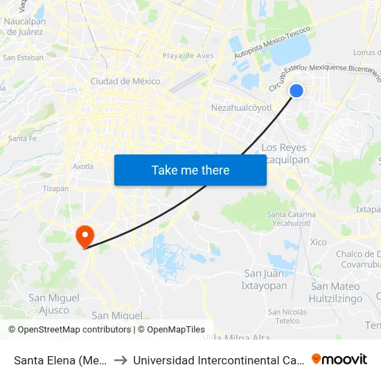 Santa Elena (Mexibus) to Universidad Intercontinental Campus Sur map