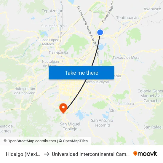 Hidalgo (Mexibus) to Universidad Intercontinental Campus Sur map