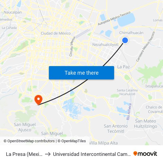 La Presa (Mexibus) to Universidad Intercontinental Campus Sur map