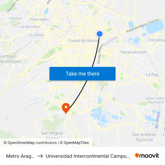 Metro Aragón to Universidad Intercontinental Campus Sur map