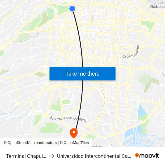 Terminal Chapultepec to Universidad Intercontinental Campus Sur map
