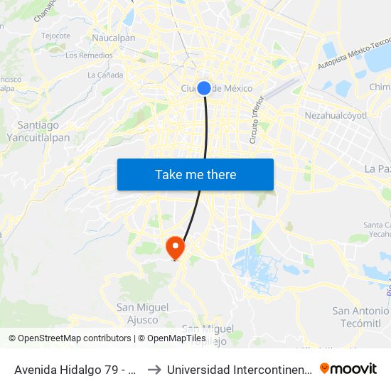 Avenida Hidalgo 79 - Metro Hidalgo to Universidad Intercontinental Campus Sur map