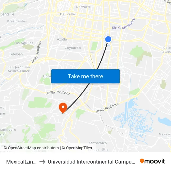 Mexicaltzingo to Universidad Intercontinental Campus Sur map
