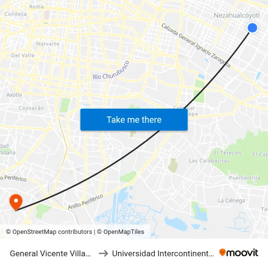 General Vicente Villada (Mexibus) to Universidad Intercontinental Campus Sur map