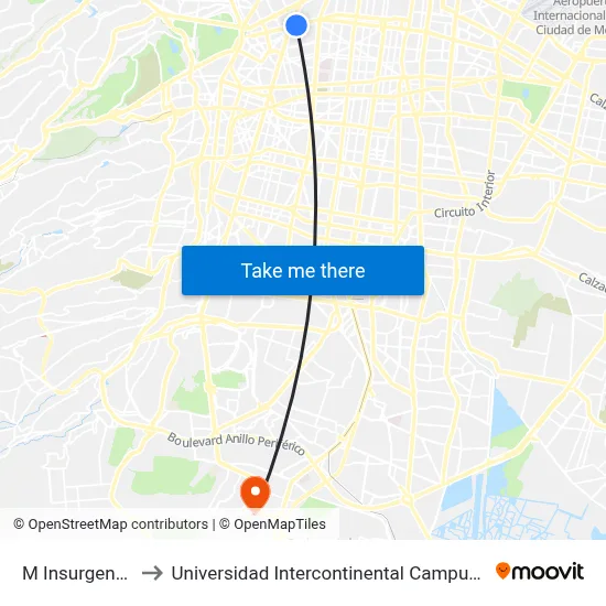 M Insurgentes to Universidad Intercontinental Campus Sur map
