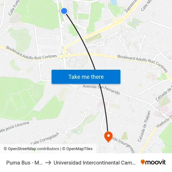 Puma Bus - Muac to Universidad Intercontinental Campus Sur map
