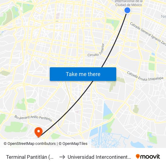Terminal Pantitlán (Mexibus L3) to Universidad Intercontinental Campus Sur map