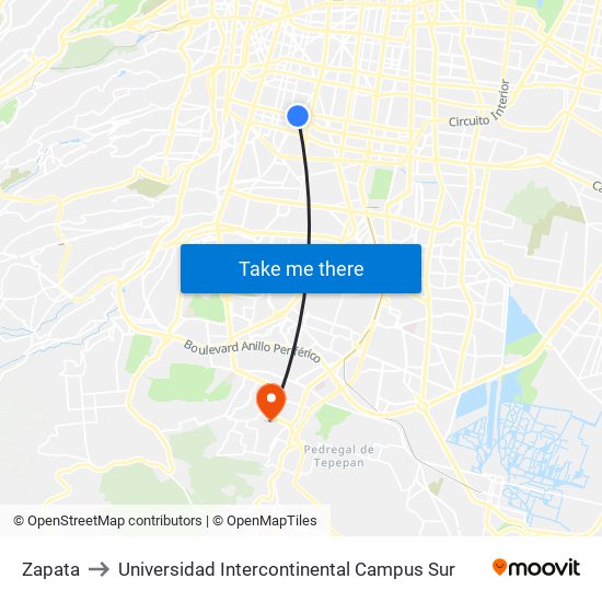 Zapata to Universidad Intercontinental Campus Sur map