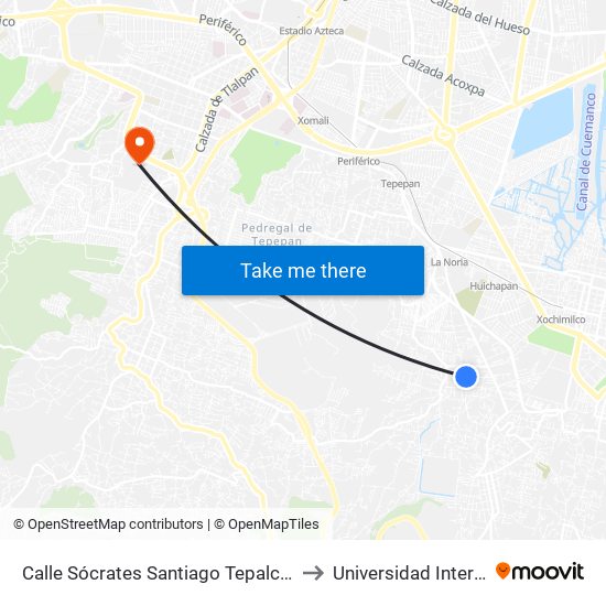 Calle Sócrates Santiago Tepalcatlalpan Xochimilco Cdmx 16200 México to Universidad Intercontinental Campus Sur map