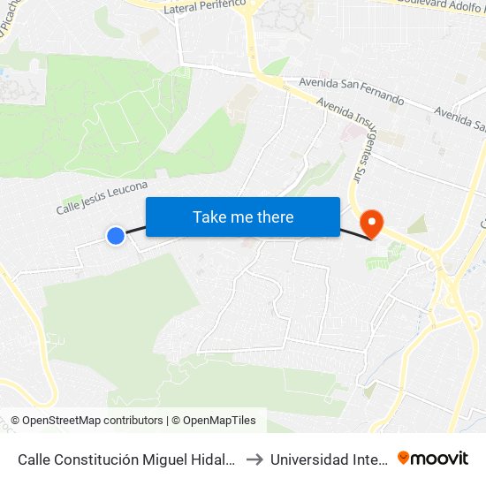 Calle Constitución Miguel Hidalgo 2a. Sección Tlalpan Cdmx 14250 México to Universidad Intercontinental Campus Sur map