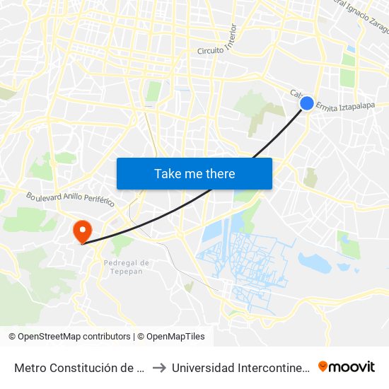 Metro Constitución de 1917 - Anden G to Universidad Intercontinental Campus Sur map