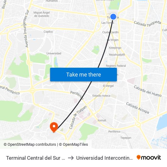 Terminal Central del Sur - Metro Tasqueña to Universidad Intercontinental Campus Sur map