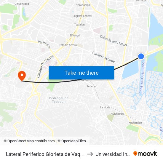 Lateral Periferico Glorieta de Vaqueritos Pedregal de Tepepan Tlalpan Cdmx 14380 México to Universidad Intercontinental Campus Sur map