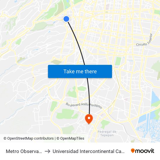Metro Observatorío to Universidad Intercontinental Campus Sur map