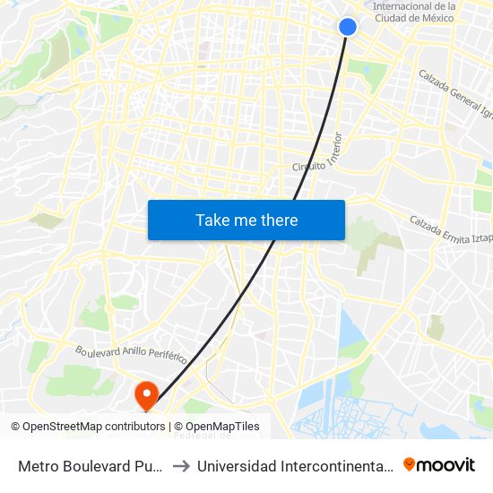 Metro Boulevard Puerto Aéreo to Universidad Intercontinental Campus Sur map