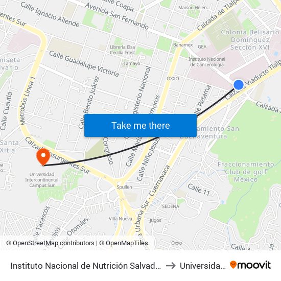 Instituto Nacional de Nutrición Salvador Zubirán Calle Vasco de Quiroga Belisario Domínguez Sección XVI Tlalpan Cdmx 14080 México to Universidad Intercontinental Campus Sur map