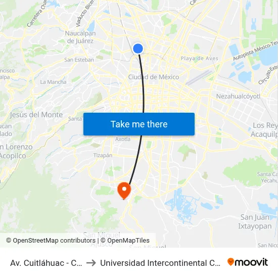 Av. Cuitláhuac - Calle 12 to Universidad Intercontinental Campus Sur map