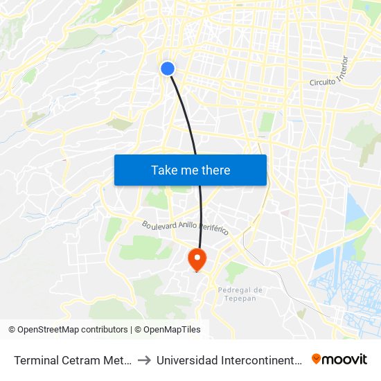Terminal Cetram Metro Mixcoac to Universidad Intercontinental Campus Sur map