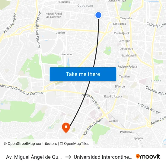 Av. Miguel Ángel de Quevedo - América to Universidad Intercontinental Campus Sur map