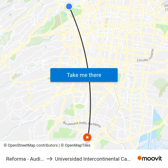 Reforma - Auditorio to Universidad Intercontinental Campus Sur map