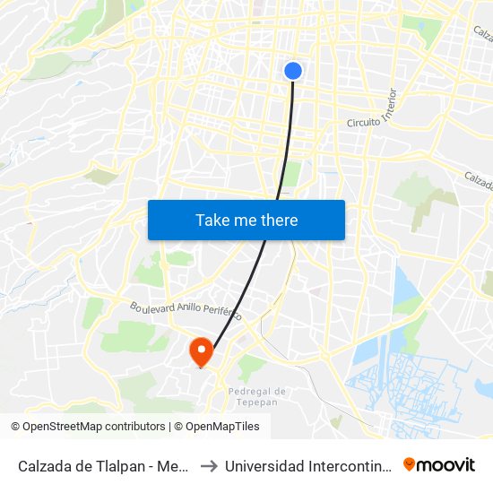 Calzada de Tlalpan - Metro Villa de Cortes to Universidad Intercontinental Campus Sur map