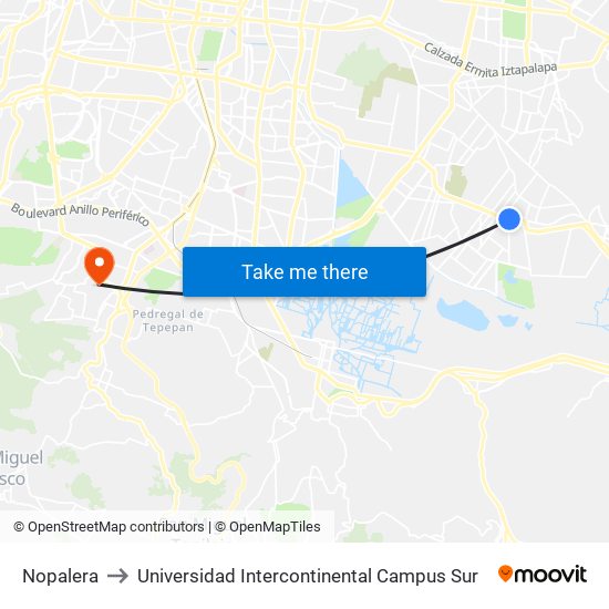 Nopalera to Universidad Intercontinental Campus Sur map