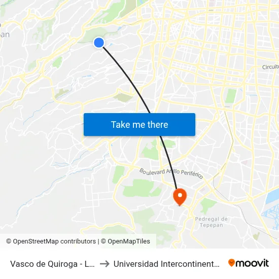 Vasco de Quiroga - Los Arrieros to Universidad Intercontinental Campus Sur map