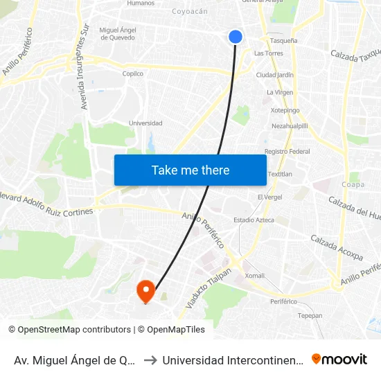 Av. Miguel Ángel de Quevedo - Ohio to Universidad Intercontinental Campus Sur map