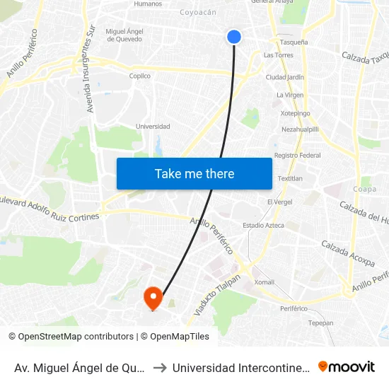 Av. Miguel Ángel de Quevedo - Oceanía to Universidad Intercontinental Campus Sur map