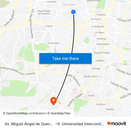 Av. Miguel Ángel de Quevedo - Fernández Leal to Universidad Intercontinental Campus Sur map