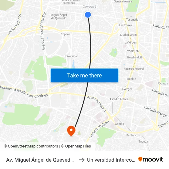 Av. Miguel Ángel de Quevedo - Cuadrante de San Francisco to Universidad Intercontinental Campus Sur map