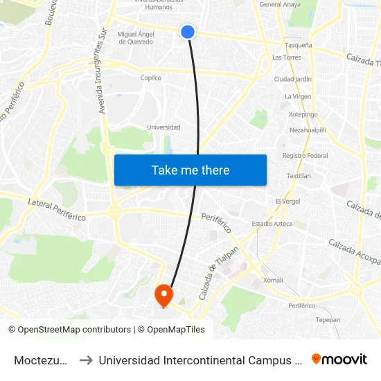 Moctezuma to Universidad Intercontinental Campus Sur map