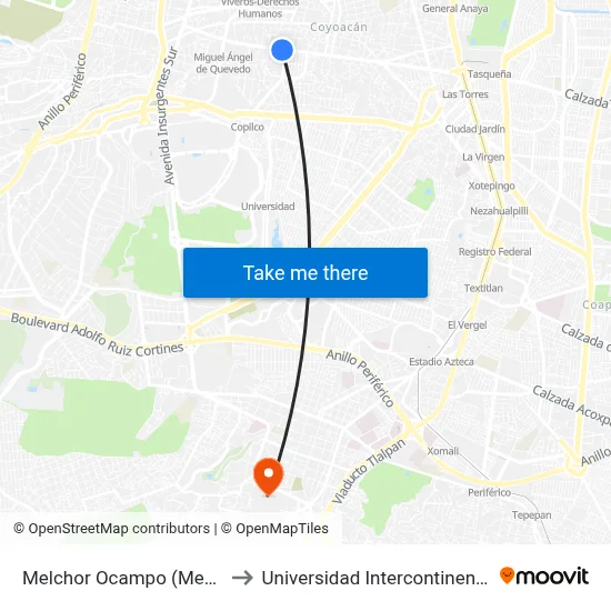 Melchor Ocampo (Mega Comercial) to Universidad Intercontinental Campus Sur map
