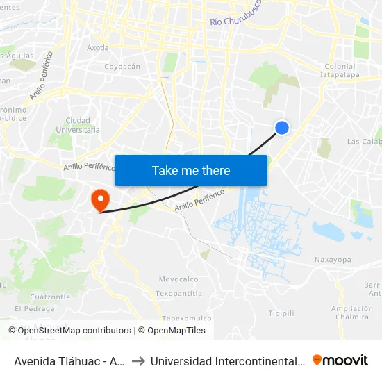 Avenida Tláhuac - Avenida 11 to Universidad Intercontinental Campus Sur map