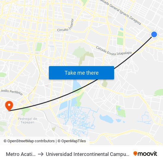 Metro Acatitla to Universidad Intercontinental Campus Sur map