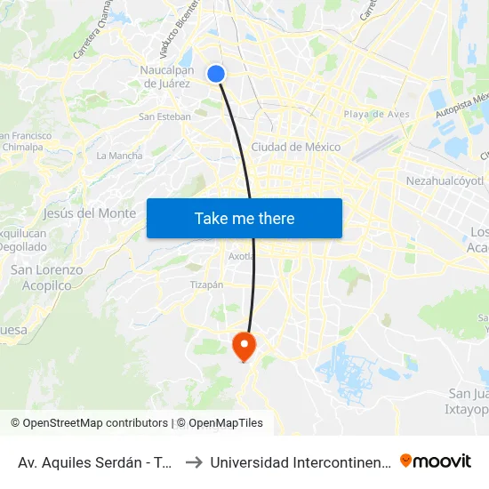 Av. Aquiles Serdán - Tezozómoc Izq. to Universidad Intercontinental Campus Sur map